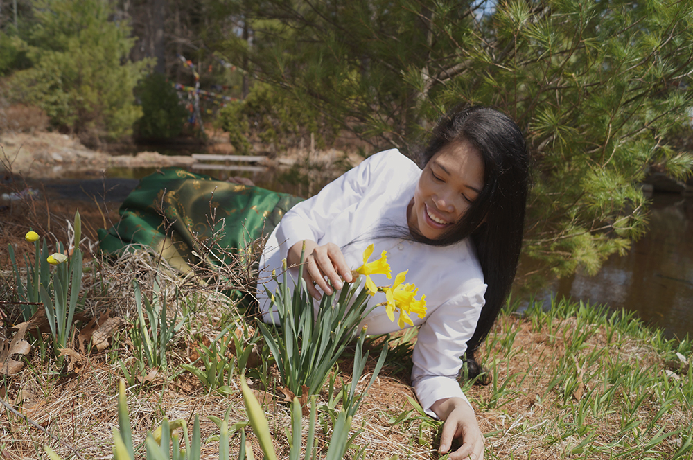 Jendhamuni at the pond with flowers April 8, 2015